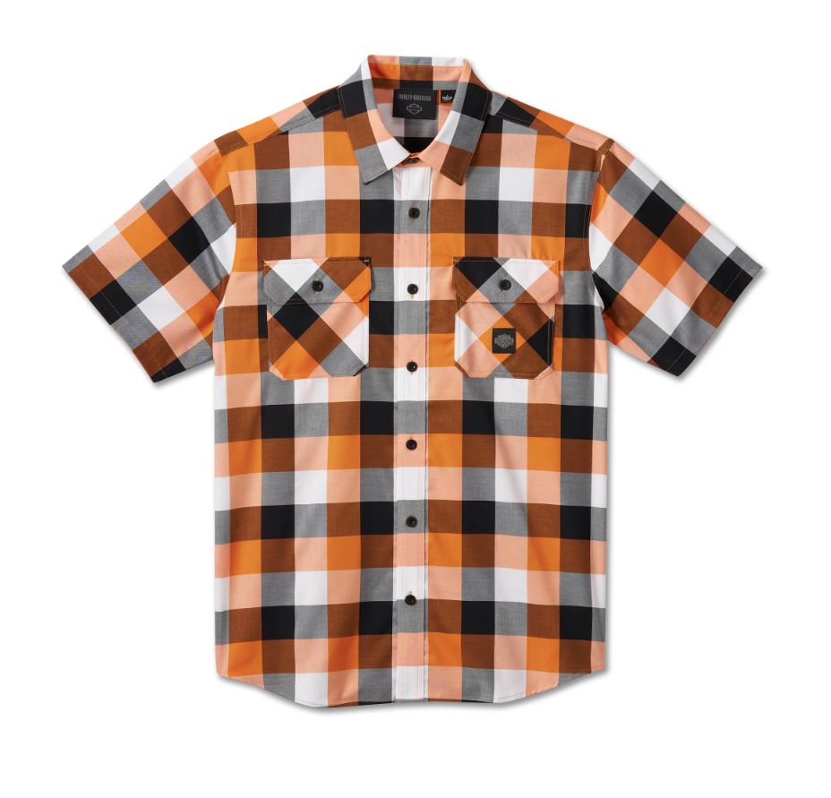 Harley-Davidson Men’s Bar & Shield Wrinkle Resistant Short Sleeve Shirt – Orange Plaid