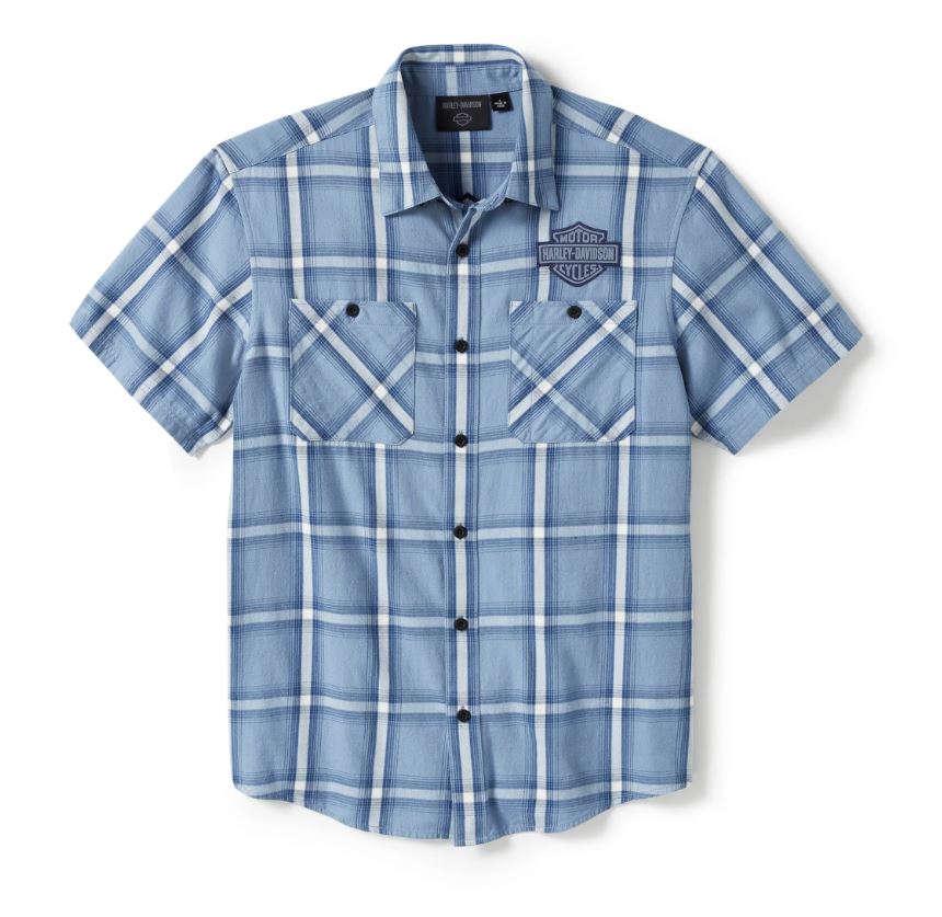 Harley-Davidson Bar & Shield Staple Short Sleeve Shirt – Plaid – Faded Denim & Cloud Dancer