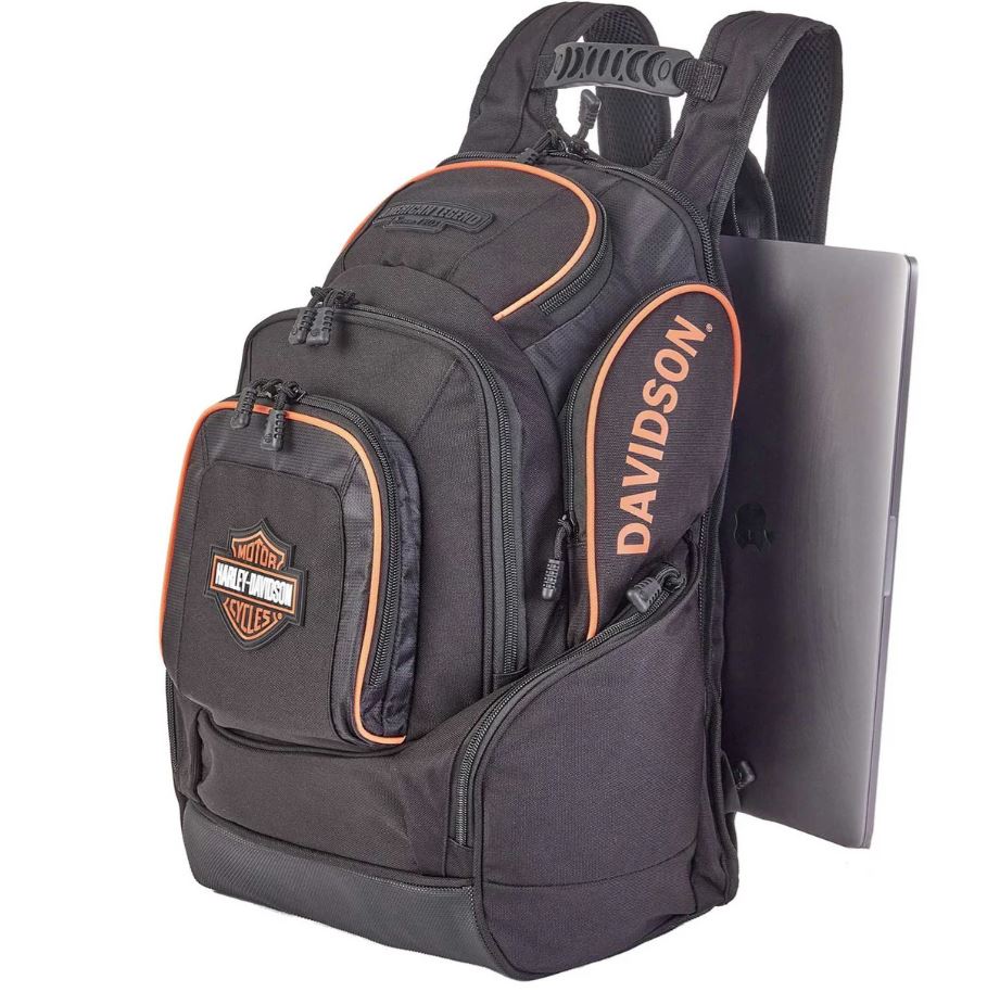 Harley-Davidson Bar & Shield Legend Rugged Polyester Backpack, Black/Orange